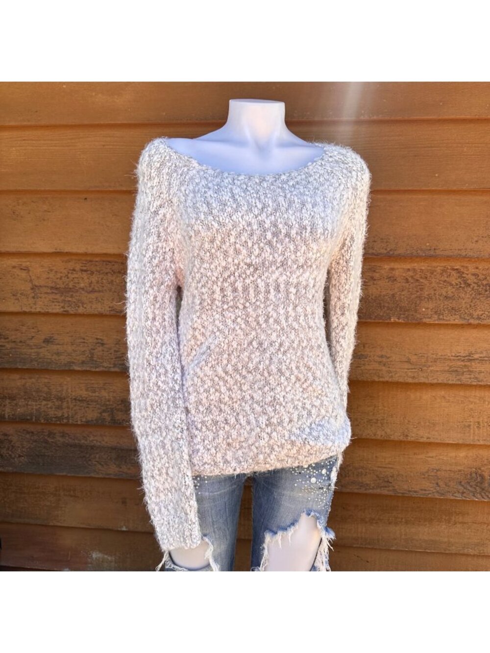 Buffalo David Bitton Womens Eyelash Textured Sweater Large Soft Knit Light Gray